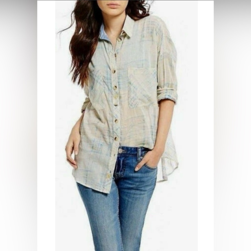 Free People‎ Shore Vibes Relaxed Lightweight Plaid Button Down Boyfriend Ivory - Picture 3 of 11